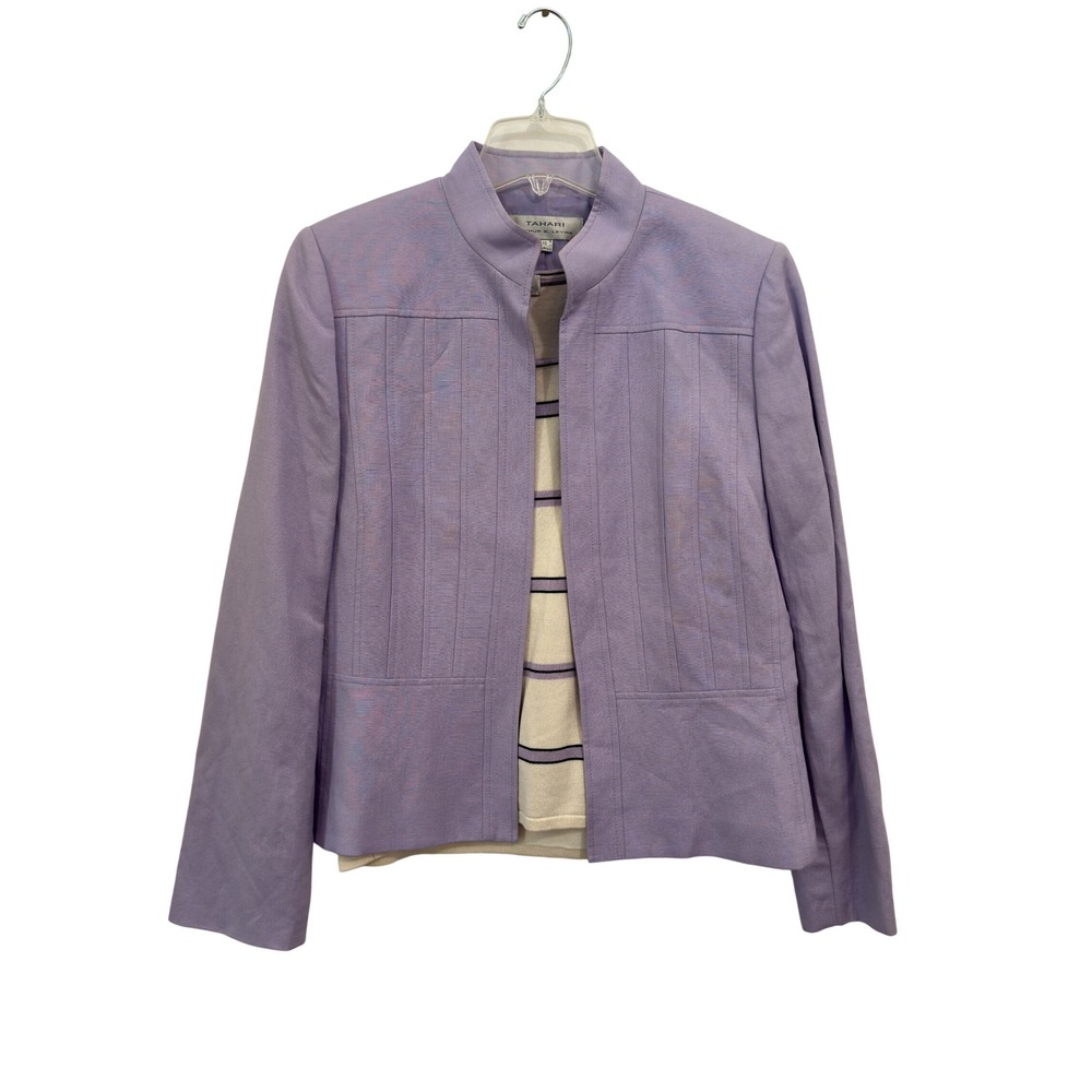 Tahari ASL Jacket Shell Set Lavender Linen Silk Striped Pintuck Suit Size 10